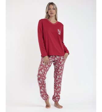 Admas Pyjama Langarm Spitze Romantisch Winter rot