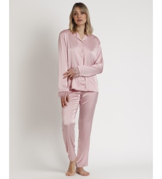 Admas Open pyjama lange mouwen met veren Marabu Luxe roze