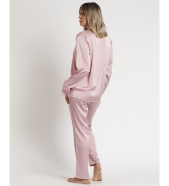 Admas Open pyjama lange mouwen met veren Marabu Luxe roze