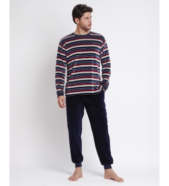 Admas Piżama z długim rękawem Velour Stripes navy