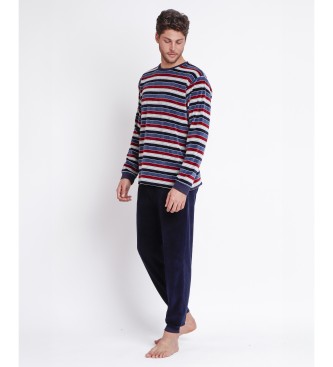 Admas Piżama z długim rękawem Velour Stripes navy