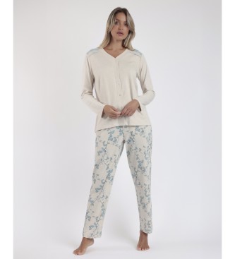 Admas Climbing Flowers Beige Langrmet ben pyjamas