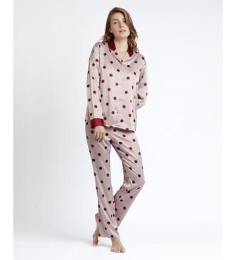 Admas Pijama aberto de manga comprida com pintas elegantes de cetim bege, borgonha