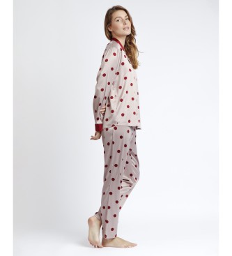 Admas Satynowa elegancka piżama w kropki z długim rękawem, beżowa, bordowa