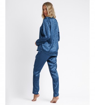 Admas Offener Schlafanzug Satin Leopard blau 
