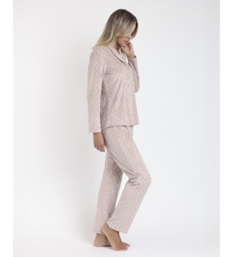 Admas Pijama Manga Aberta Manga Comprida Veludo Pico Pontos Renda rosa