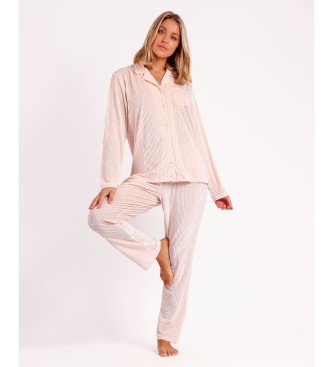 Admas Pajamas Long Sleeve Open Classic Elegant Stripes pink