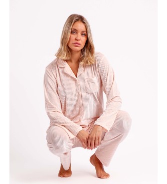 Admas Pyjama manches longues ouvert classique lgant rayures rose