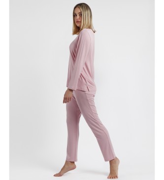 Admas Pyjama met lange mouwen en satijnen bandjes roze