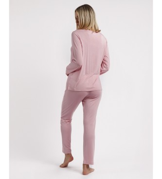 Admas Pyjama met lange mouwen en satijnen bandjes roze