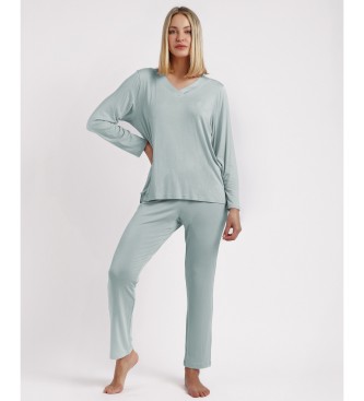 Admas Pyjama met lange mouwen en satijnen bandjes groen