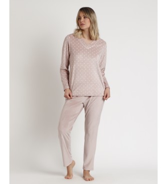 Admas Piżama z długim rękawem Velvet Pico Dots Lace beżowa