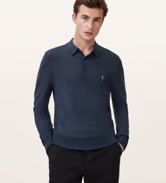 ALL SAINTS Merino Mode Long Sleeve Polo navy