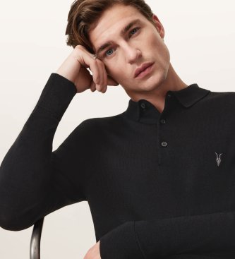ALL SAINTS Langarm-Poloshirt Merino Mode schwarz
