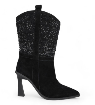 Alma en pena Black leather ankle boots with rhinestone details