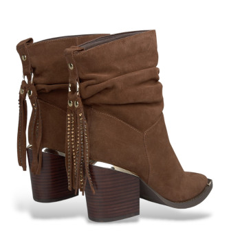 Alma en pena Bottines en cuir marron avec franges et strass