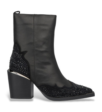 Alma en pena Black leather ankle boots with touches of rhinestones