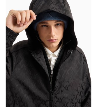 Armani Exchange Coated fabric hooded jacket Monogram   black