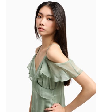 Armani Exchange Maxi crossover dress with adjustable thin straps and ruffle details green