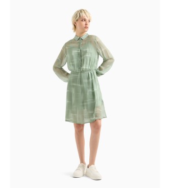 Armani Exchange Vestido de rayn con cintura corta y cuello camisero con forro de tiras verde