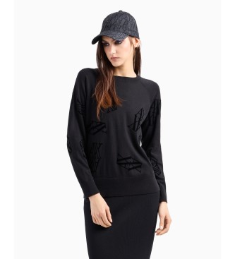 Armani Exchange Maglione floccato in misto seta e cotone con monogramma ASV Nero