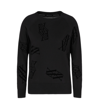 Armani Exchange Cotton/silk blend jumper with flocked ASV monogram Black