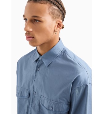 Armani Exchange Loose-fitting cotton twill shirt with pockets  blue