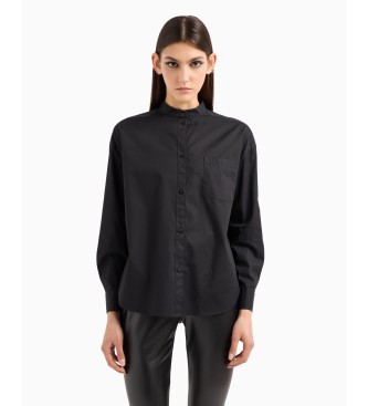 Armani Exchange Plain coloured button-down shirt with small stand-up collar and long sleeves in black cotton with long sleeves  