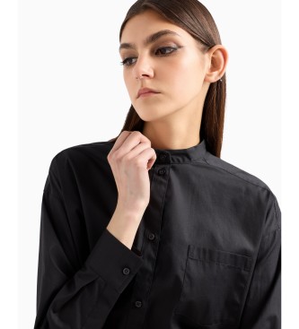 Armani Exchange Plain coloured button-down shirt with small stand-up collar and long sleeves in black cotton with long sleeves  