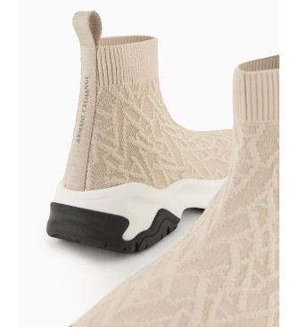 Armani Exchange Sockenhnliche Turnschuhe aus Stretch-Stoff mit beigefarbenem All-Over-Logo