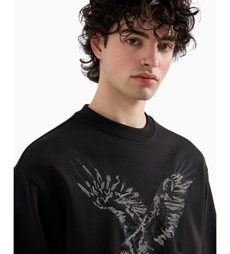 Armani Exchange Rundhalsad sweatshirt med rnbrodyr i ekologisk bomull ASV svart