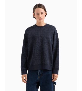 Armani Exchange Sweatshirt mit Rundhalsausschnitt aus regenerierter Baumwolle und Ton-in-Ton-Logo auf dem gesamten marineblauen Kleidungsstck