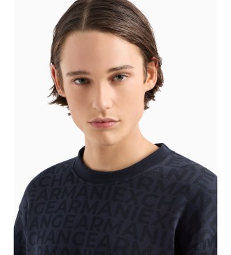 Armani Exchange Sweater met ronde hals, geregenereerd katoen en ton sur ton logo over het hele marineblauw kledingstuk