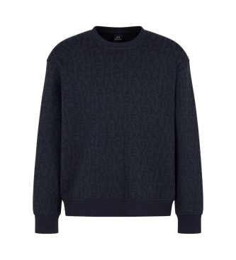 Armani Exchange Sweater met ronde hals, geregenereerd katoen en ton sur ton logo over het hele marineblauw kledingstuk