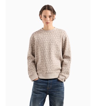 Armani Exchange Round neck sweatshirt with regenerated cotton and tone-on-tone logo all over beige.