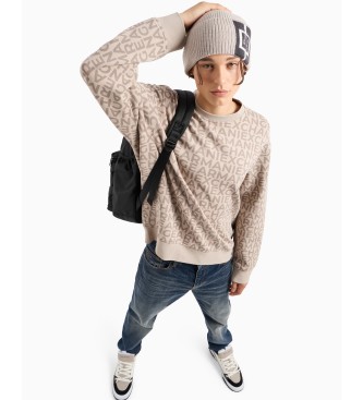 Armani Exchange Round neck sweatshirt with regenerated cotton and tone-on-tone logo all over beige.