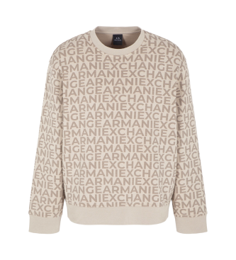 Armani Exchange Round neck sweatshirt with regenerated cotton and tone-on-tone logo all over beige.