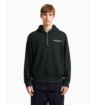 Armani Exchange Black carbonised cotton French terry full zip hooded sweatshirt with hood and full zip