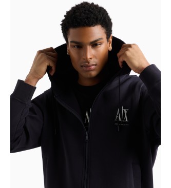 Armani Exchange Sweat  capuche entirement zipp en coton-polyester extensible lamin bleu marine avec capuche extensible et fermeture clair complte.