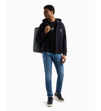 Armani Exchange Sweat  capuche entirement zipp en coton-polyester extensible lamin bleu marine avec capuche extensible et fermeture clair complte.