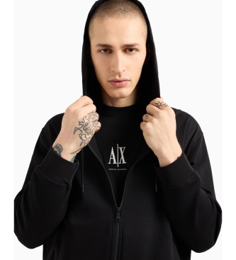 Armani Exchange Felpa con cappuccio e zip intera in cotone-poliestere elasticizzato laminato nero