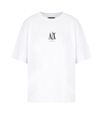 Armani Exchange T-shirt ampia in cotone a maniche corte, scollo rotondo, spalle scoperte e logo ricamato bianco