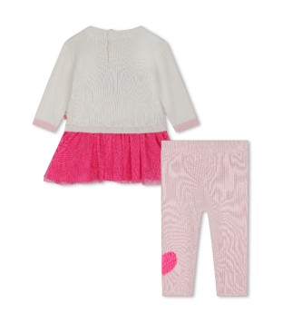 Billieblush Conjunto de vestido de punto y tul legging beige, rosa