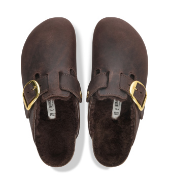 Birkenstock Brown Leather Boston Big Buckle Clogs (Regular Fit)