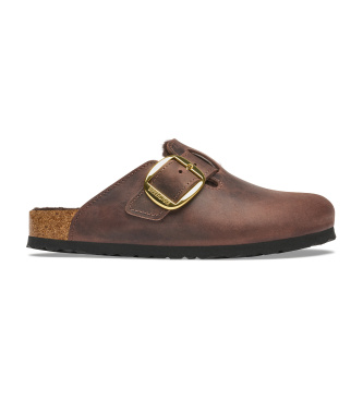 Birkenstock Brown Leather Boston Big Buckle Clogs (Regular Fit)