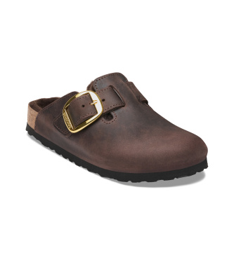 Birkenstock Brown Leather Boston Big Buckle Clogs (Regular Fit)