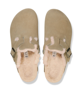 Birkenstock Zuecos de Piel Boston Shearling (Ajuste Estrecho) beige