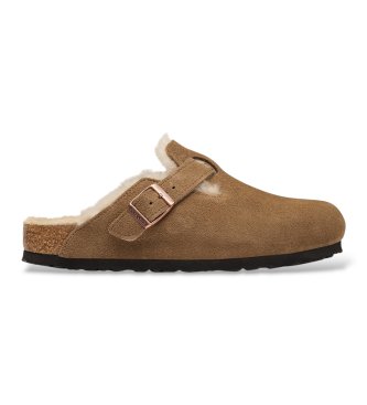 Birkenstock Zuecos de Piel Boston Shearling (Ajuste Estrecho) marrón