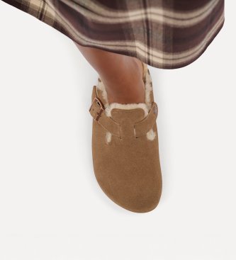 Birkenstock Zuecos de Piel Boston Shearling (Ajuste Estrecho) marrón