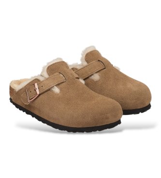 Birkenstock Zuecos de Piel Boston Shearling (Ajuste Estrecho) marrón